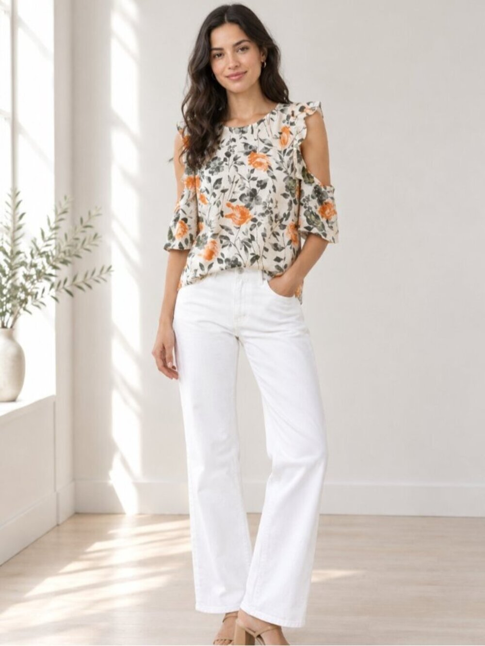 Club Monaco Orange Green Floral Cold Shoulder Ruffle Blouse Small 0238